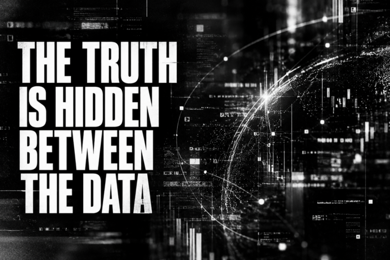 Black-and-white digital signal visualization featuring interconnected data points and the headline “The Truth Is Hidden Between the Data.”